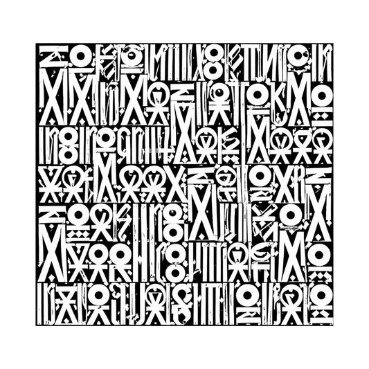 Dense white geometric symbols and stylised letterforms in narrow rows over black.