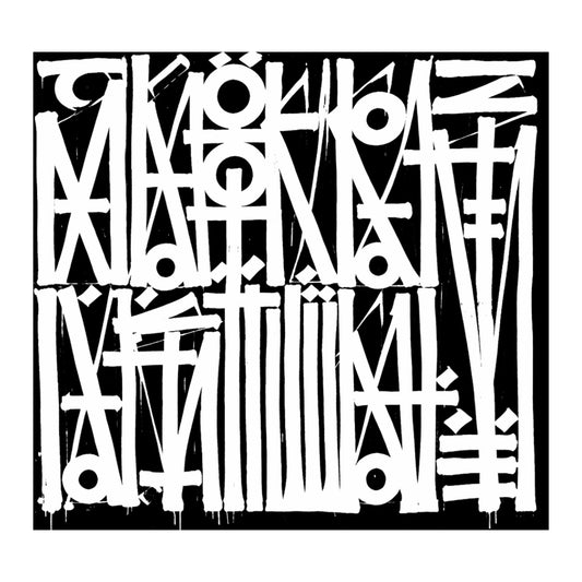 Dense white geometric symbols and stylised letterforms arranged over a black background.