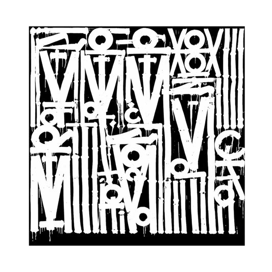 Bold white geometric symbols and stylised letterforms densely arranged over a black square field.