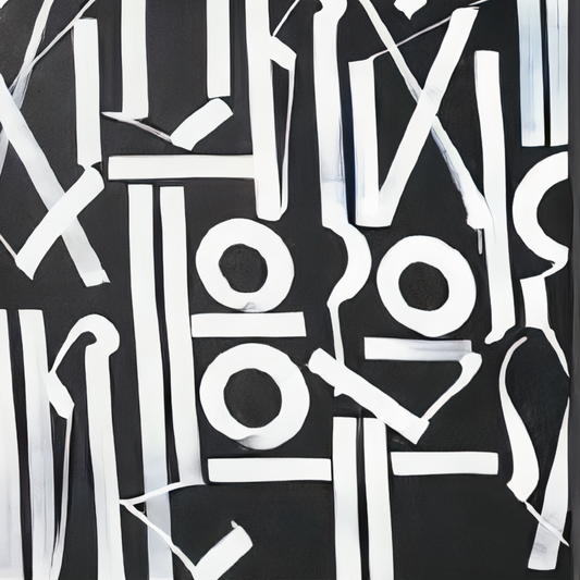 Close-up. Dense white angular marks, circles and vertical lines form a geometric composition on a black background.