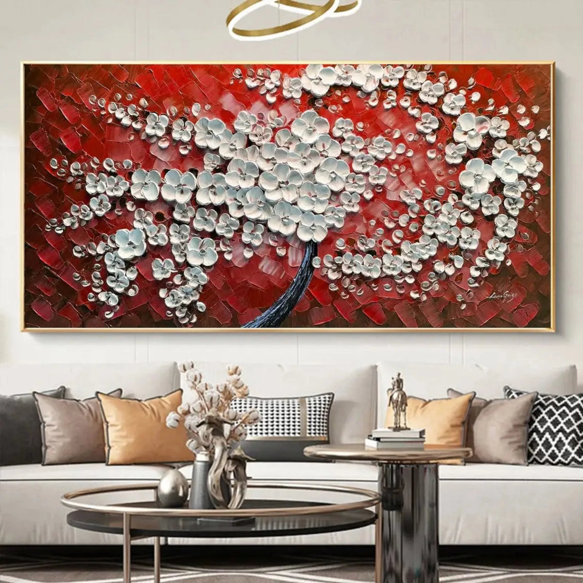 Room mockup showing dense white textured blossoms on a dark branching trunk against a bold red and burgundy background.