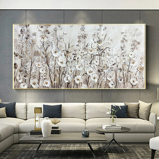 Room mockup showing many small white flowers on thin brown stems against a textured cream and grey background.