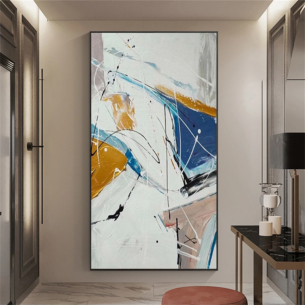Room mockup showing white abstract painting with navy, ochre and pale pink angular shapes crossed by fine sweeping lines.