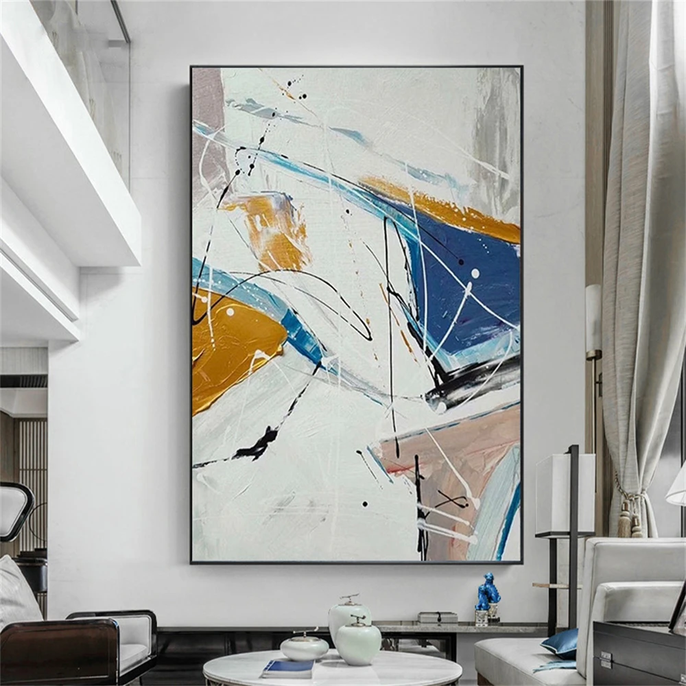 Room mockup showing white abstract painting with navy, ochre and pale pink angular shapes crossed by fine sweeping lines.