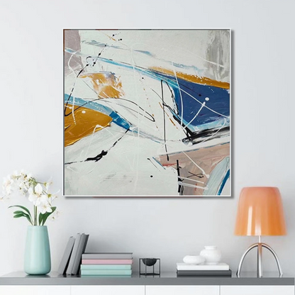 Room mockup showing white abstract painting with navy, ochre and pale pink angular shapes crossed by fine sweeping lines.