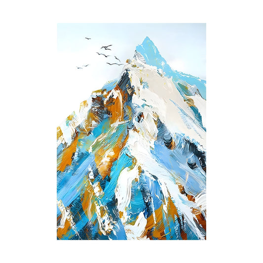 Abstract painting of a mountain with blue, orange, and white colors on a white background