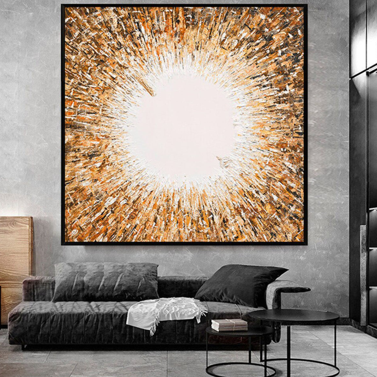 Room mockup. Dense ochre, brown and white radial strokes surround a bright white circular centre.