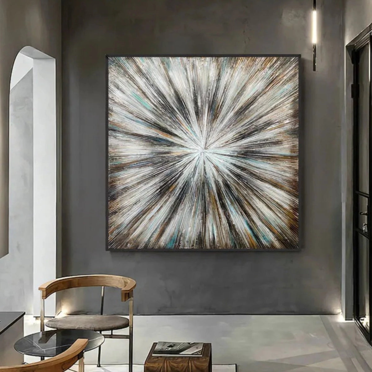 Room mockup showing white, charcoal and brown textured streaks radiating from a small pale centre across a square field.
