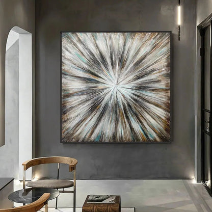 Room mockup showing white, charcoal and brown textured streaks radiating from a small pale centre across a square field.