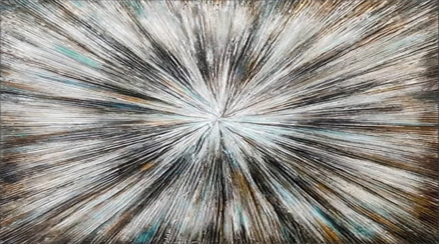 Close-up of white, charcoal and brown textured streaks radiating from a small pale centre across a square field.
