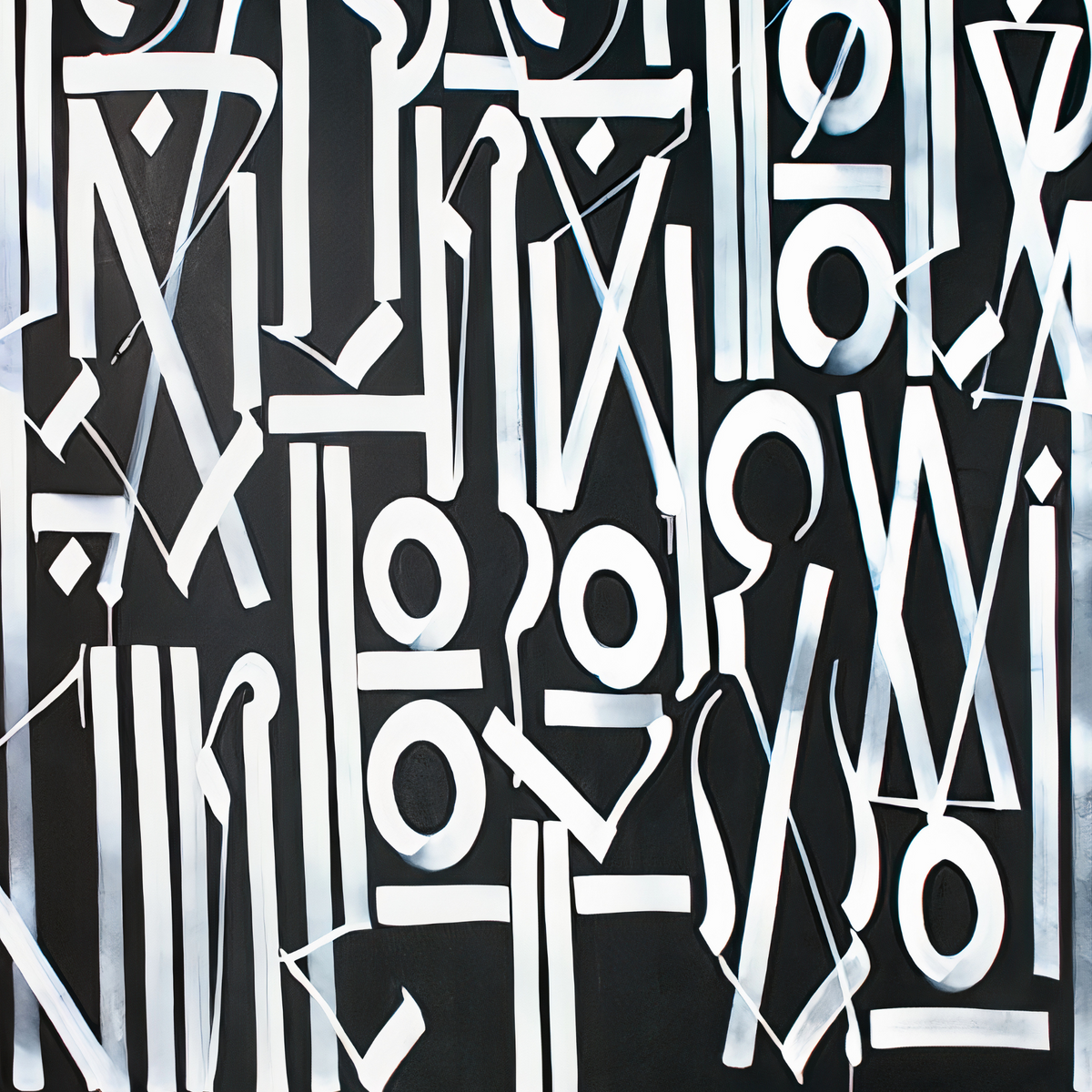 Close-up of white geometric symbols and stylised letterforms over charcoal, crossed by fine pale sweeping lines.