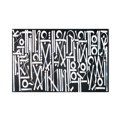 White geometric symbols and stylised letterforms over charcoal, crossed by fine pale sweeping lines.