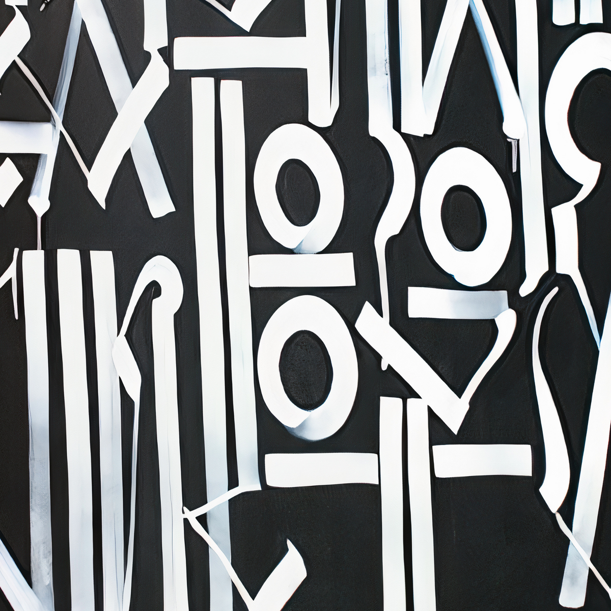 Close-up of white geometric symbols and stylised letterforms over charcoal, crossed by fine pale sweeping lines.