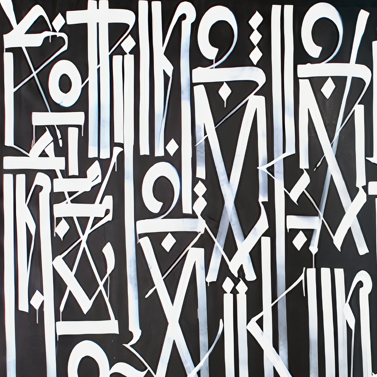 Close-up of white geometric symbols and stylised letterforms over charcoal, crossed by fine pale sweeping lines.