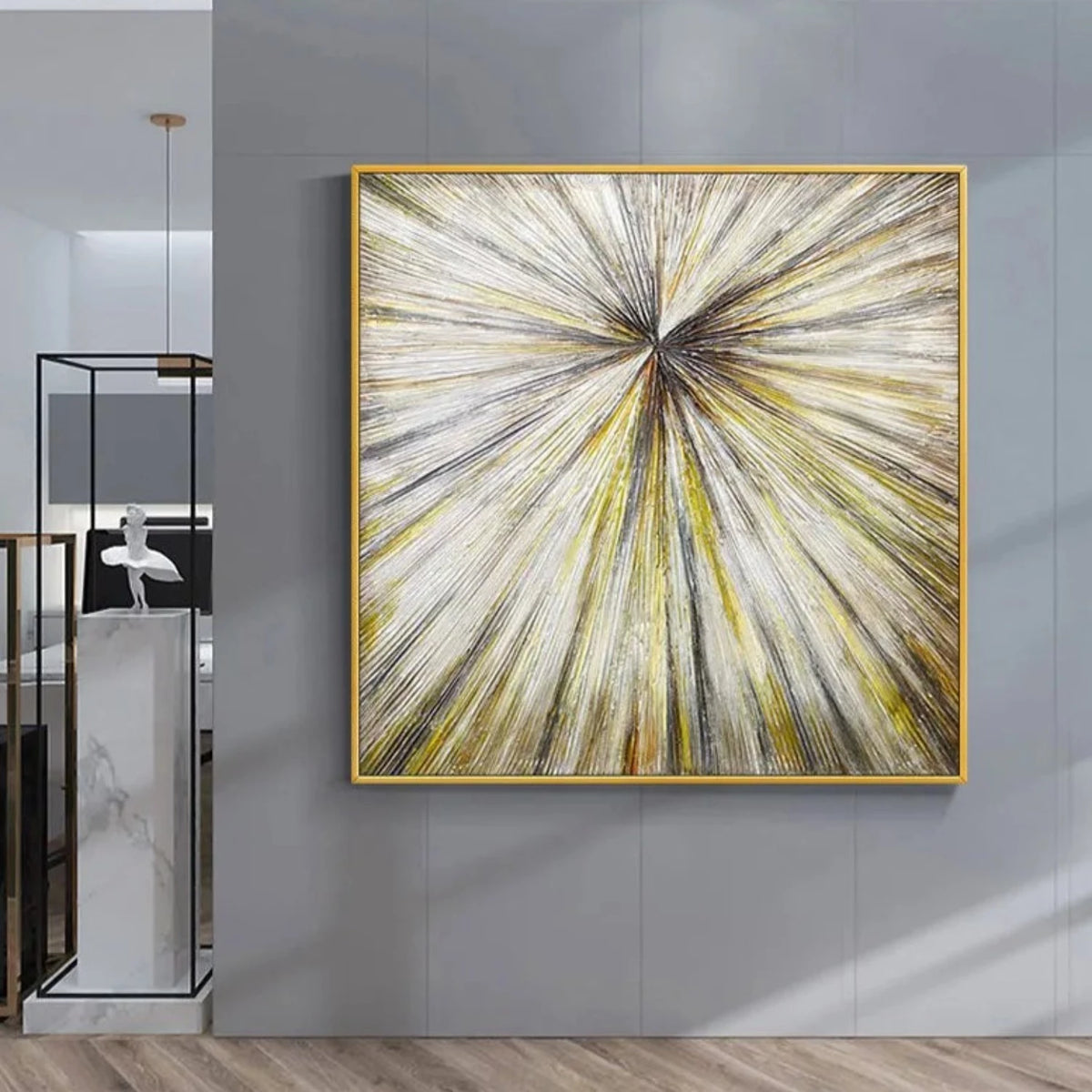 Room mockup showing white, charcoal and gold-coloured streaks radiating from an off-centre point across a square field.