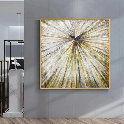 Room mockup showing white, charcoal and gold-coloured streaks radiating from an off-centre point across a square field.