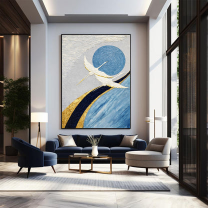 Modern living room with abstract artwork on the wall