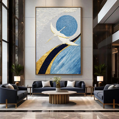 Modern living room with a large abstract painting on the wall