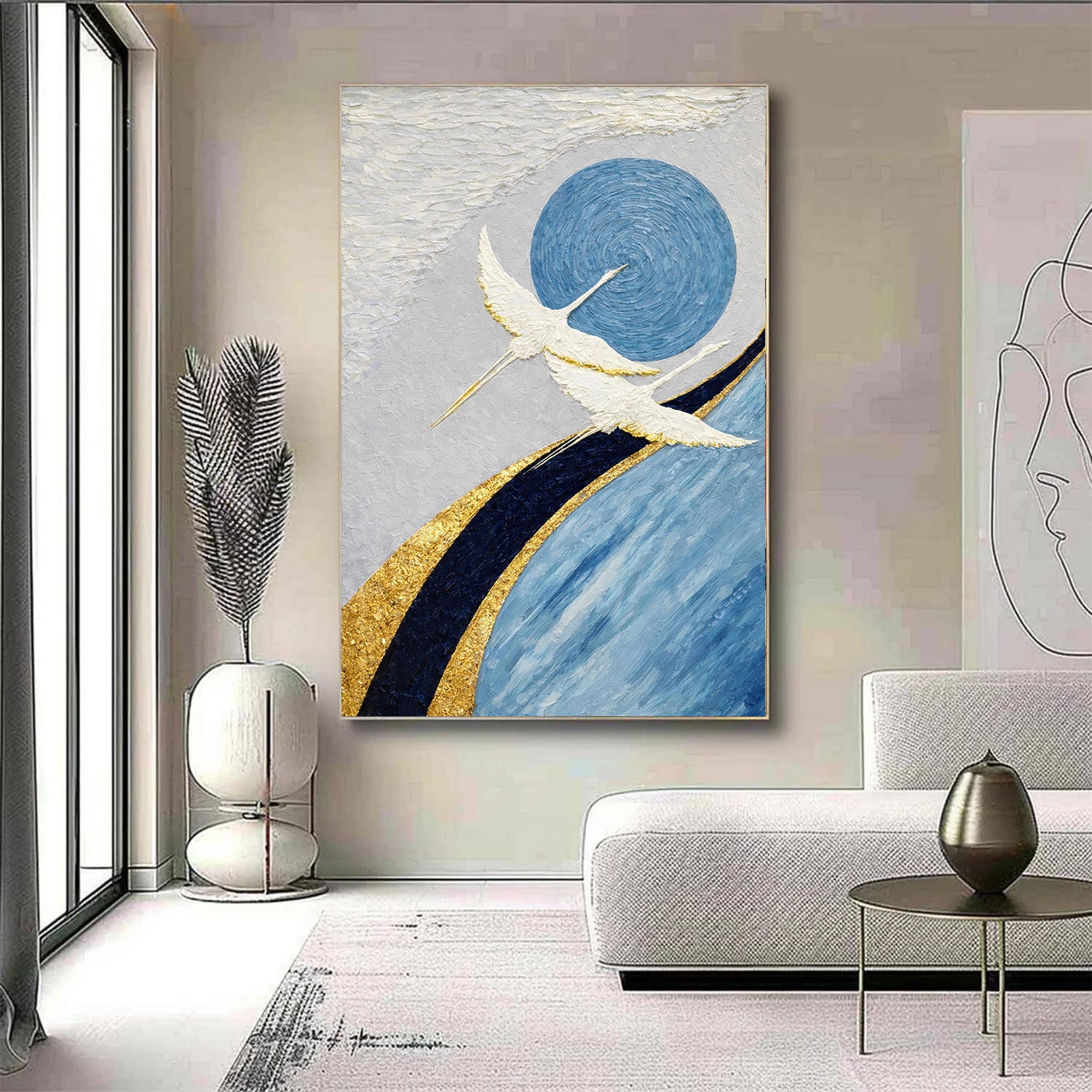 Modern living room with abstract art on the wall