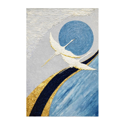 Artistic depiction of a white bird flying over a blue and gold landscape