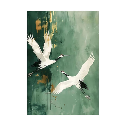 Hand-painted canvas featuring two white cranes in flight over a green abstract background with gold-toned accents.