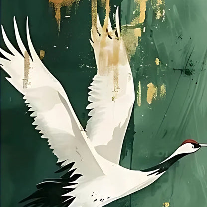 Hand-painted canvas featuring two white cranes in flight over a green abstract background with gold-toned accents.