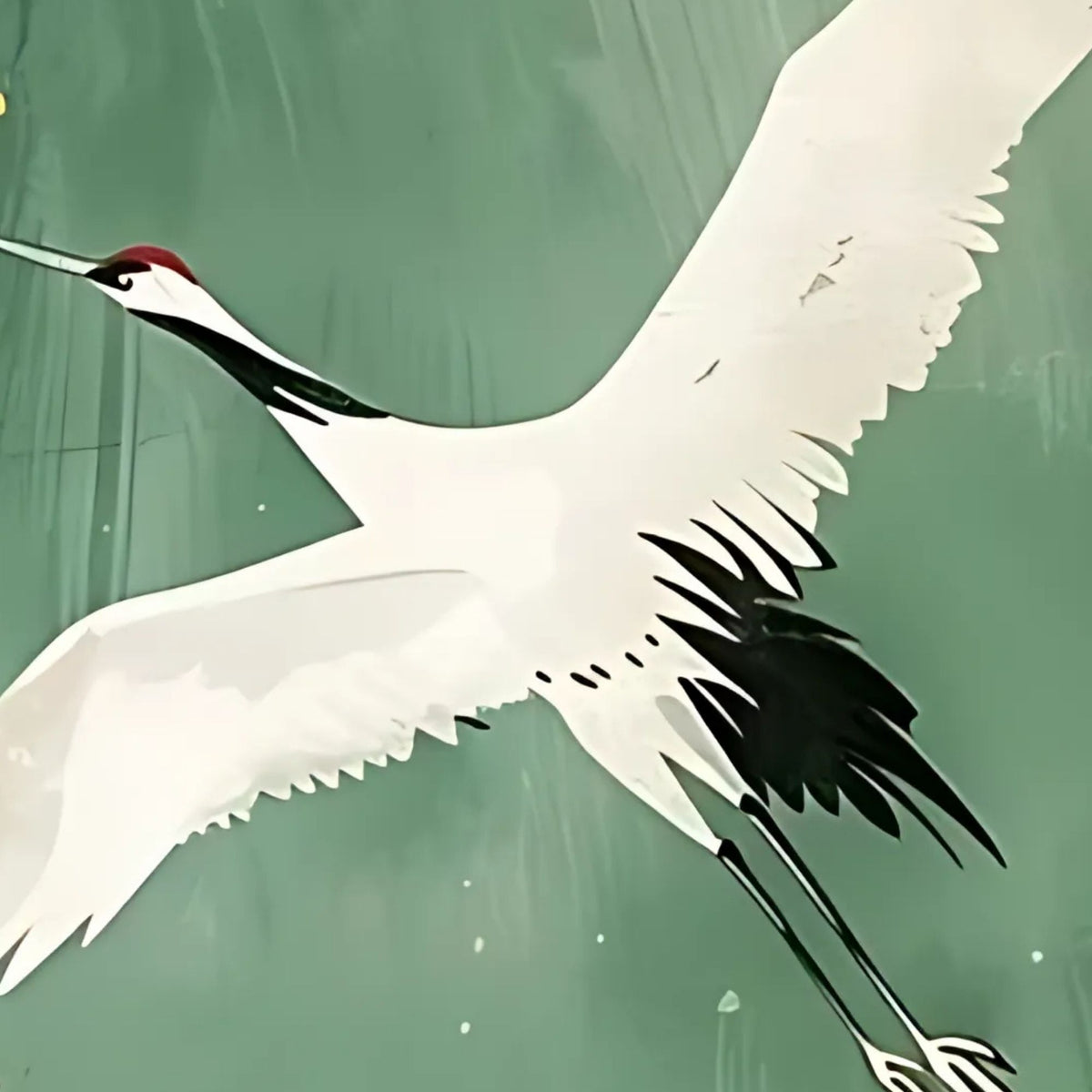 Hand-painted canvas featuring two white cranes in flight over a green abstract background with gold-toned accents.