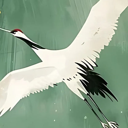Hand-painted canvas featuring two white cranes in flight over a green abstract background with gold-toned accents.