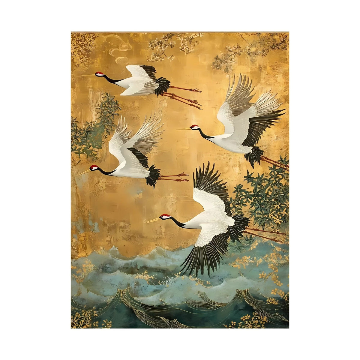 Hand-painted canvas featuring white cranes flying above blue-green waves and foliage against a golden backdrop.