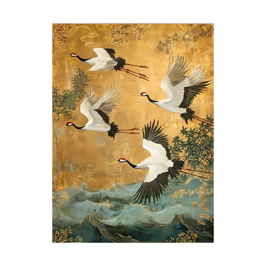 Hand-painted canvas featuring white cranes flying above blue-green waves and foliage against a golden backdrop.