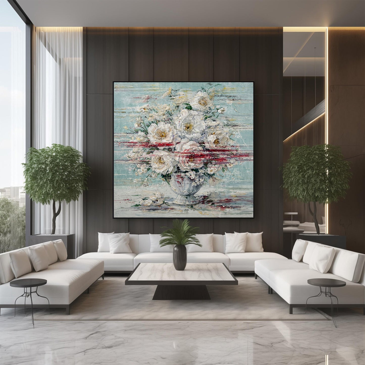 Hand-painted white floral abstract painting in a modern grey living room with minimalist furniture and natural light