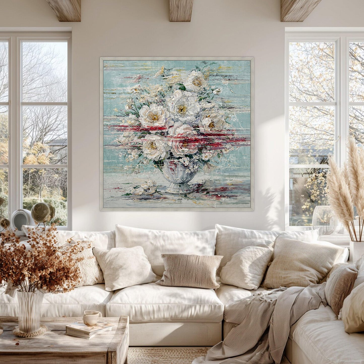 Hand-painted white floral abstract painting displayed in a modern dark luxury living room with sofa and minimalist décor