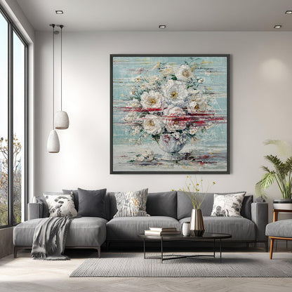 Hand-painted white floral abstract artwork in a bright beige living room with soft furnishings, ideal for bedroom or cozy interior décor
