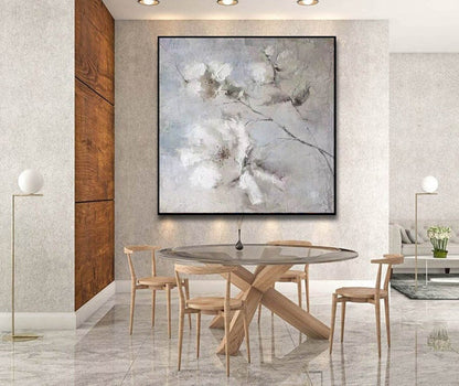 Textured White Floral Wall Art – Neutral Grey Abstract Canvas for Bedroom & Living Spaces