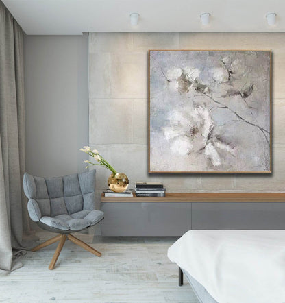 Textured White Floral Wall Art – Neutral Grey Abstract Canvas for Bedroom & Living Spaces