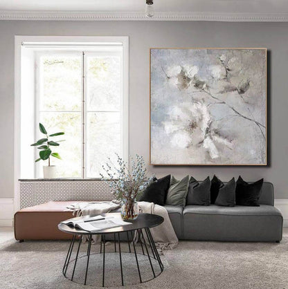 Textured White Floral Wall Art – Neutral Grey Abstract Canvas for Bedroom & Living Spaces
