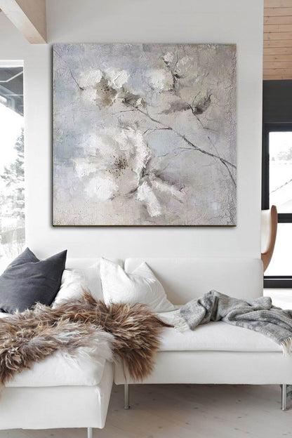 Textured White Floral Wall Art – Neutral Grey Abstract Canvas for Bedroom & Living Spaces