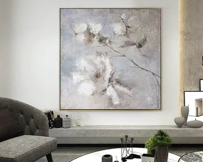 Textured White Floral Wall Art – Neutral Grey Abstract Canvas for Bedroom & Living Spaces
