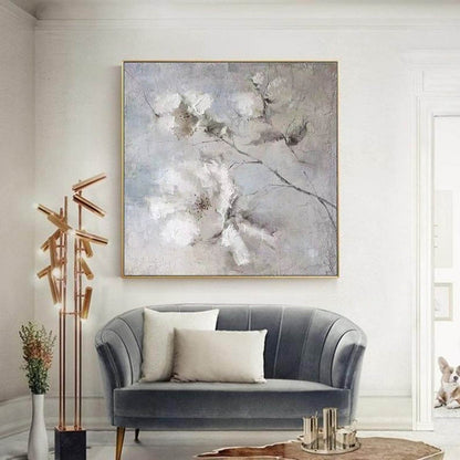 Textured White Floral Wall Art – Neutral Grey Abstract Canvas for Bedroom & Living Spaces