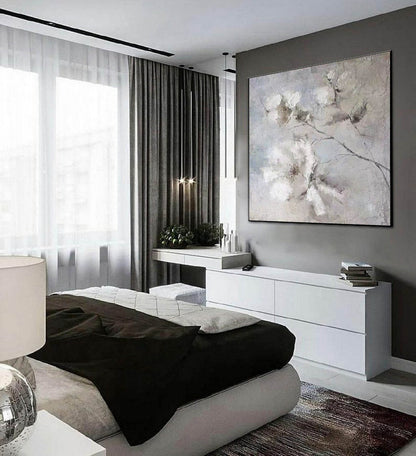 Textured White Floral Wall Art – Neutral Grey Abstract Canvas for Bedroom & Living Spaces