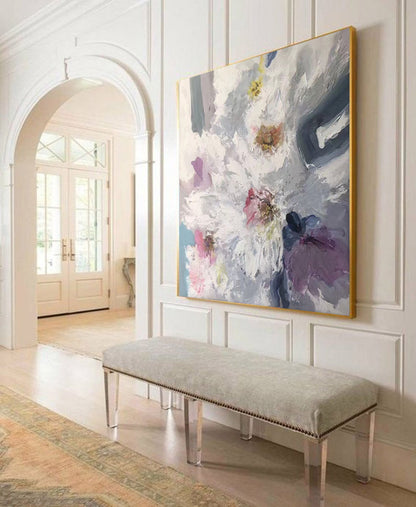 Textured White Floral Abstract Wall Art – Hand-Painted Pastel Canvas with Impasto Detail