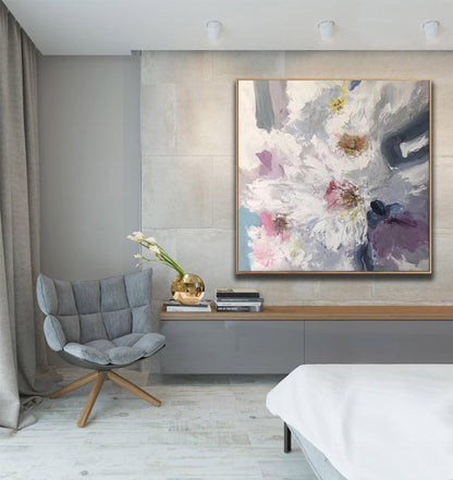 Textured White Floral Abstract Wall Art – Hand-Painted Pastel Canvas with Impasto Detail