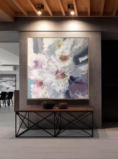 Textured White Floral Abstract Wall Art – Hand-Painted Pastel Canvas with Impasto Detail