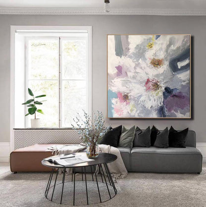 Textured White Floral Abstract Wall Art – Hand-Painted Pastel Canvas with Impasto Detail