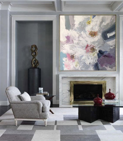 Textured White Floral Abstract Wall Art – Hand-Painted Pastel Canvas with Impasto Detail