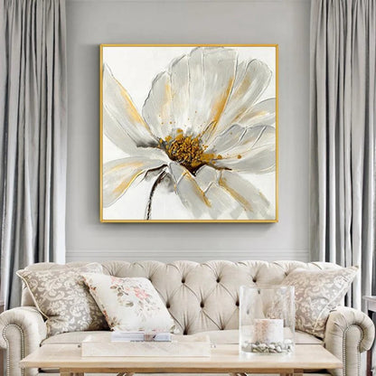 Room mockup showing large white flower with layered petals, fine grey outlines and a gold-coloured centre on a pale background.