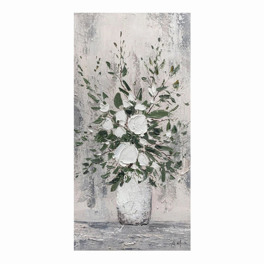 Painting of a floral arrangement in a vase with a textured gray background
