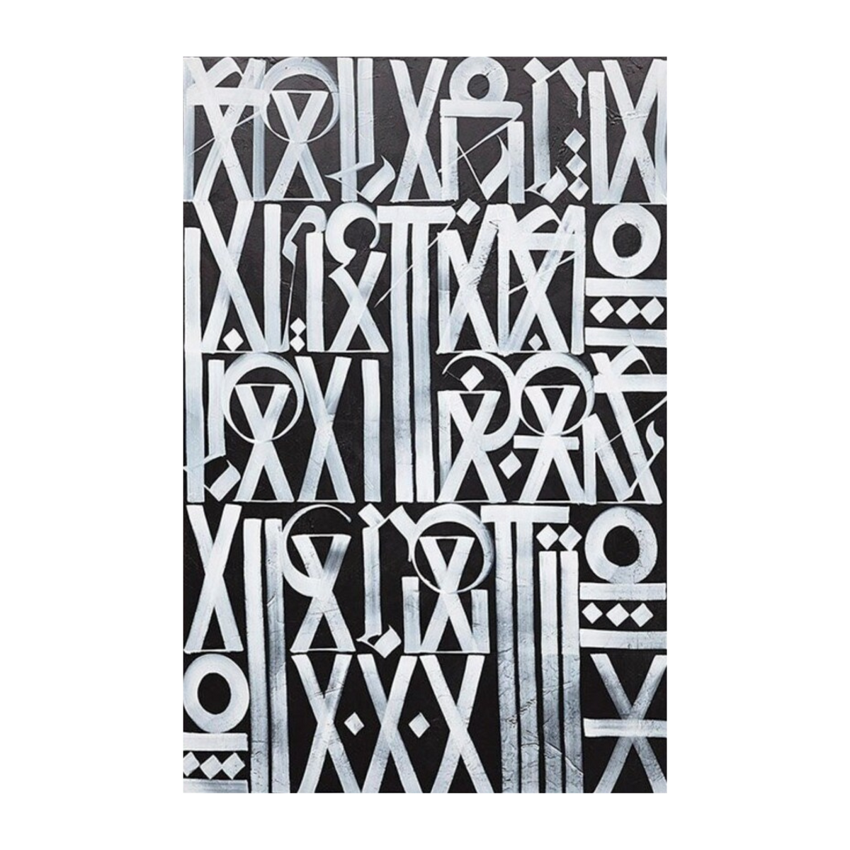 White circles, triangles and elongated letter-like symbols arranged in rows across grey.