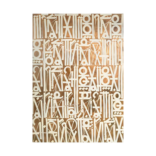 White geometric and letter-like symbols arranged in dense rows across a warm ochre background.