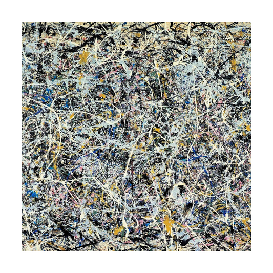 Square crop showing a dense web of white, gold and blue drips with pink accents over black.